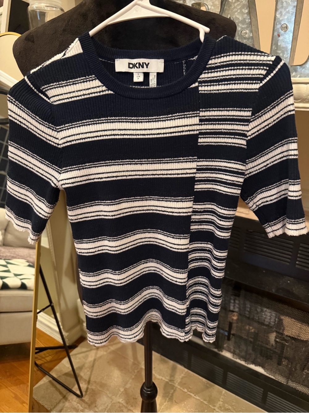 DKNY Navy and White Striped Short Sleeve Ribbed Tee